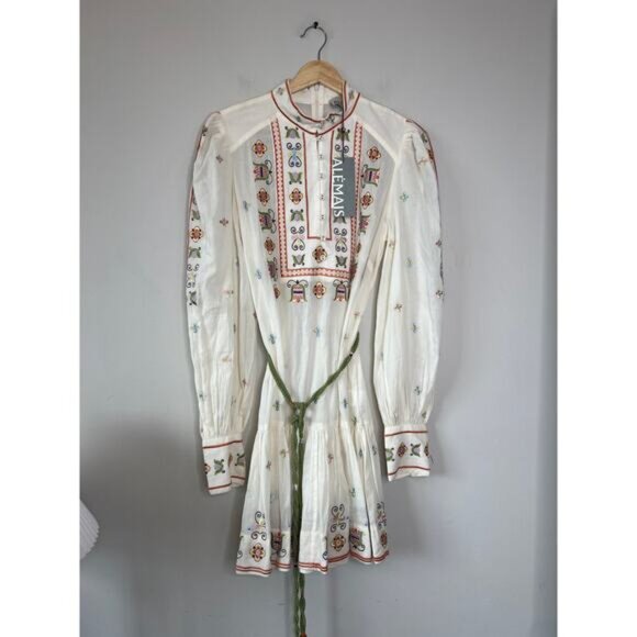NWT Alemais Lovella Embroidered Cotton Blouson Sleeves White Tie Mini Dress - Picture 2 of 9